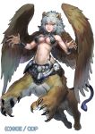  1girl animal_ears armpits bangs bare_shoulders bikini bikini_top black_bikini black_nails breasts brown_eyes centauroid chimera claws collarbone commentary_request eyebrows_behind_hair feathered_wings fingernails floating full_body grey_hair groin hair_between_eyes large_breasts lion_ears long_fingernails looking_at_viewer medium_hair midriff monster_girl navel ninnin_(shishitou) original parted_lips paws sidelocks simple_background snake solo swimsuit thick_eyebrows underboob watermark white_background wings wristband 