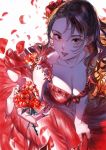  1girl artist_name black_hair breasts cleavage dress english_commentary flower from_above highres holding holding_flower long_hair looking_up medium_breasts open_mouth original red_dress red_eyes red_flower red_lips red_rose red_theme rose sitting solo umishima_senbon 