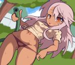  1girl ass_visible_through_thighs average-hanzo blush breasts chloe_von_einzbern commentary dark_skin day english_commentary fate/kaleid_liner_prisma_illya fate_(series) garden grin hose long_hair naughty_face navel one_side_up orange_eyes outdoors panties panty_pull pulled_by_self purple_hair shirt side-tie_shirt slit_pupils small_breasts smile solo standing stomach_tattoo t-shirt tattoo thighs underwear wet wet_clothes wet_shirt wet_t-shirt 
