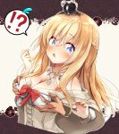  !? 1boy 1girl bangs blonde_hair blush braid breast_grab breasts cleavage crown dated dress eyebrows_visible_through_hair flying_sweatdrops french_braid grabbing groping highres jewelry kantai_collection large_breasts long_hair long_sleeves mini_crown necklace off-shoulder_dress off_shoulder open_mouth red_neckwear solo_focus sweat twitter_username upper_body warspite_(kantai_collection) yuzumaki_tajii 