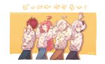  2boys 2girls ahoge androgynous bandaid bandaid_on_nose blue_pants brown_pants closed_eyes commentary crossed_arms denim finger_twirl flag flower_(vocaloid) from_side fukase hands_up index_finger_raised jeans long_hair looking_at_viewer mi_no_take multicolored_hair multiple_boys multiple_girls open_mouth pants pink_eyes pink_hair purple_hair red_eyes red_hair sf-a2_miki short_hair smile standing streaked_hair sweater symbol_commentary translated twitter_username utatane_piko v_flower_(vocaloid4) vocaloid walking waving white_hair yellow_background 