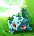  bulbasaur closed_mouth commentary day from_above gen_1_pokemon grass highres hyou_(hyouga617) no_humans orange_eyes outdoors pokemon pokemon_(creature) solar_beam_(pokemon) starter_pokemon 