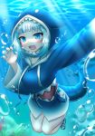  1girl :d bangs blue_eyes blue_hair blue_hoodie blush commentary deaver eyebrows_visible_through_hair gawr_gura highres hololive hololive_english hood long_sleeves looking_at_viewer multicolored_hair open_mouth shark_girl shark_hood shark_tail sharp_teeth silver_hair smile solo streaked_hair tail teeth underwater virtual_youtuber white_hair 