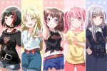  5girls ;) armpits bang_dream! bangs choker commentary_request eyebrows_visible_through_hair graphic_shirt heart heart_hands jewelry looking_at_viewer maruyama_aya midriff minato_yukina mitake_ran multiple_girls necklace one_eye_closed open_mouth pink_eyes pochita purple_eyes red_eyes smile toyama_kasumi tsurumaki_kokoro yellow_eyes 