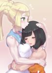  2girls absurdres bangs bare_arms black_hair blonde_hair blush breasts closed_eyes collarbone commentary_request eyebrows_visible_through_hair eyelashes flying_sweatdrops green_eyes hand_on_another&#039;s_head heart highres hug lillie_(pokemon) long_hair mizuumi_(bb) multiple_girls open_mouth parted_lips pokemon pokemon_(game) pokemon_usum ponytail selene_(pokemon) shiny shiny_hair sidelocks small_breasts smile teeth tongue yuri 