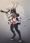 anthro antlers bell bell_harness black_body black_fur breasts bulge capreoline cervid chest_tuft clothed clothing cloven_hooves dr_pickelle duo female fur harness hi_res hooves horn male male/female mammal nuzzling reindeer skimpy tuft underwear white_body white_fur 