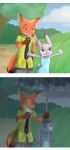  2016 absurd_res anthro bottomwear canid canine cellphone clothed clothing cloud day disney duo female fox fully_clothed fur grey_body grey_fur hi_res holding_cellphone holding_object holding_phone holding_umbrella judy_hopps lagomorph leporid male mammal necktie nick_wilde open_mouth open_smile orange_body orange_fur outside pants phone rabbit red_fox shirt sky smile topwear tree umbrella unknownlifeform zootopia 