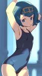  1girl armpits arms_up bangs blue_eyes blue_hair breasts commentary covered_navel cowboy_shot eyebrows_visible_through_hair freckles hairband lana_(pokemon) looking_down no_sclera om_(nk2007) one-piece_swimsuit pokemon pokemon_(game) pokemon_sm short_hair small_breasts solo swimsuit 