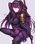  1girl absurdres armor bodysuit breasts covered_navel fate/grand_order fate_(series) gae_bolg hair_intakes highres leotard long_hair pauldrons polearm purple_bodysuit purple_hair red_eyes scathach_(fate)_(all) scathach_(fate/grand_order) shoulder_armor smile solo spear weapon yurui_shinotsuki 