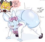  2020 absurd_res aggressive_retsuko anthro big_butt blush bodily_fluids breasts butt chinchilla chinchillid clothing cross-popping_vein dialogue duo english_text eyewear felid female glasses hi_res huge_butt hyoudou jinu legwear leopard male mammal manaka_(aggretsuko) pantherine rodent sanrio sweat text vein 