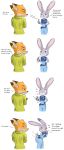  2016 absurd_res anthro blush bodily_fluids canid canine carrot_pen clothed clothing comic dialogue dipstick_ears disney duo emanata english_text eyelashes female flying_sweatdrops fox fully_clothed fur grey_body grey_fur hi_res holding_object judy_hopps lagomorph leporid mammal multicolored_ears nick_wilde orange_body orange_fur police_badge police_uniform rabbit red_fox sex_toy simple_background sound_effects sweat sweatdrop text uniform unknownlifeform vibrator white_background zootopia 