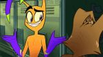  animated anthro brown_body brown_fur canid canine canis chatting dialogue domestic_dog duo friends fur gloves_(marking) humanoid locker long_ears male mammal markings orange_body purple_eyes short_playtime smile spindle_horse unknown_species zoophobia 