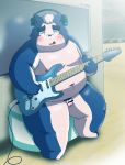  2015 anthro balls belly blush canid canine canis debudave_12 domestic_dog flaccid genitals headphones hi_res kemono male mammal moobs musical_instrument nipples overweight overweight_anthro overweight_male penis pubes sitting solo 