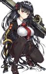  1girl bangs black_hair black_legwear breasts bullpup commentary_request eyebrows_visible_through_hair girls_frontline gloves gun hair_ribbon highres itsudatte_8ban large_breasts long_hair looking_at_viewer necktie one_side_up pantyhose red_eyes red_neckwear ribbon rifle shirt simple_background skirt sniper_rifle solo very_long_hair wa2000_(girls_frontline) walther walther_wa_2000 weapon 