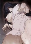  areolae breasts dress from_below ghost hair_over_eyes highres korotsuke large_breasts long_hair nipples one_breast_out original pale_skin parted_hair parted_lips purple_nails sweat thighs torn_clothes torn_dress 
