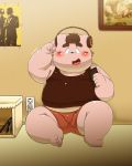  2016 absurd_res anthro belly blush bottomwear bulge canid canine canis clothing debudave_12 domestic_dog headphones hi_res kemono male mammal overweight overweight_anthro overweight_male shirt shorts sitting solo topwear 