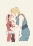  2girls behindxa blonde_hair blush closed_eyes closed_mouth forehead_kiss hairband haruno_sakura heart height_difference highres kiss multiple_girls naruto naruto_(series) pink_hair short_sleeves simple_background sleeveless symbol_commentary tsunade 