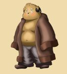  2015 anthro bottomwear brown_body brown_fur canid canine canis clothing debudave_12 domestic_dog fur hi_res kemono male mammal overweight overweight_anthro overweight_male pants simple_background solo young 