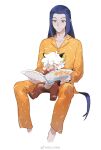  2boys animal_ears bean_mr12 black_hair blush book cat_boy cat_ears feet_out_of_frame green_eyes holding holding_book invisible_chair long_hair luoxiaohei multiple_boys open_mouth pajamas short_hair simple_background sitting smile the_legend_of_luo_xiaohei very_long_hair weibo_username white_background white_hair wuxian_(the_legend_of_luoxiaohei) yellow_pajamas 