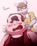  2016 absurd_res anthro belly blush bodily_fluids clothing debudave_12 duo eyewear felid feline glasses headphones hi_res humanoid_hands kemono male mammal overweight overweight_male shirt sweat tongue tongue_out topwear 