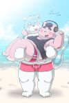  2016 absurd_res ailurid anthro beach belly blue_body blue_fur blush bulge canid canine canis carrying clothing debudave_12 domestic_dog duo fur headphones hi_res kemono male male/male mammal outside overweight overweight_male red_panda seaside shirt swimwear text tongue tongue_out topwear white_body white_fur 