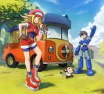  1boy 1girl android bangs bike_shorts bike_shorts_under_shorts blonde_hair brown_hair cabbie_hat capcom cloud commentary_request data_(rockman_dash) gloves green_eyes ground_vehicle hand_on_hip hat highres holding holding_wrench hoshi_mikan long_hair motor_vehicle open_mouth red_shorts rock_volnutt rockman rockman_dash roll_caskett short_sleeves shorts smile tree van vehicle waving wrench 