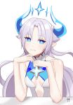  +_+ 1girl absurdres bare_shoulders blue_horns breasts closed_mouth demon_girl demon_horns elsword eyebrows_visible_through_hair hair_intakes highres horns ishtar_(elsword) long_hair luciela_r._sourcream pointy_ears power_(lu_power) purple_hair simple_background small_breasts smile very_long_hair white_background 