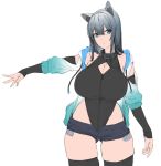  1girl animal_ears aqua_eyes aqua_hoodie bangs black_collar black_legwear black_leotard black_sleeves blue_shorts breasts cleavage cleavage_cutout closed_mouth clothing_cutout collar covered_nipples detached_sleeves exposed_pocket gradient_clothes grey_hair hair_between_eyes highleg highleg_leotard large_breasts leotard long_hair looking_at_viewer open_clothes original outstretched_hand short_shorts shorts shoulder_cutout sidelocks simple_background skindentation thighs white_hoodie work_in_progress xiangzi_box 