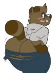  2018 ambiguous_gender anthro big_butt blush butt butt_focus canid canine clothed clothing colelucario digital_media_(artwork) eyewear glasses hair huge_butt looking_back mammal nonbinary_(lore) open_mouth raccoon_dog simple_background solo tanuki thick_thighs torn_clothing tuck_(colelucario) white_background wide_hips 