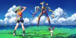  1girl arm_up bare_arms bike_shorts black_legwear brown_hair cloud commentary_request day deoxys fanny_pack gen_3_pokemon gloves grass green_bandana kneepits legs_apart may_(pokemon) mythical_pokemon outdoors plusle pokemon pokemon_(creature) pokemon_(game) pokemon_emerald pokemon_rse rowdon shoes sky socks standing 