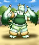  2016 absurd_res anthro belly blush bottomwear clothing debudave_12 dragon green_body hi_res kemono male overweight overweight_anthro overweight_male shirt shorts solo topwear wings 