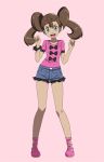  1girl bangs brown_hair collarbone commentary eyelashes fingernails full_body green_eyes hands_up knees looking_at_viewer open_mouth pink_background pink_footwear pink_shirt pokemon pokemon_(game) pokemon_xy shauna_(pokemon) shirt shoes short_shorts short_sleeves shorts simple_background solo t-shirt teeth tongue tsukishiro_saika twintails 