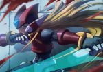  1boy absurdres android blonde_hair blood commentary_request energy_blade energy_sword helmet highres holding holding_weapon hoshi_mikan long_hair male_focus robot rockman rockman_zero serious solo sword weapon zero_(rockman) 