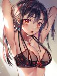  1girl armpits arms_behind_head arms_up bare_arms bare_shoulders black_bra black_hair bra breasts cleavage collarbone commentary_request ear_piercing earrings highres jewelry long_hair looking_at_viewer medium_breasts mole mole_on_breast multi-strapped_bra multicolored_hair natsuki_iori necklace open_mouth original piercing red_eyes sidelocks solo strap_gap streaked_hair string_bra underwear underwear_only upper_body 