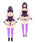  1girl absurdres black_footwear black_gloves black_panties breasts dress gloves half_gloves hie_(hiememiko) hiememiko high_heels highres large_breasts latex_dress original panties purple_eyes purple_hair purple_legwear see-through see-through_dress short_dress sleeveless sleeveless_dress thighs thong underwear 