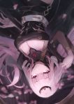  1girl absurdres belt black_dress blurry breasts cleavage commentary_request depth_of_field dress highres hololive hololive_english kisaragisisui large_breasts long_hair mori_calliope pink_eyes pink_hair scythe see-through_sleeves solo tiara upside-down virtual_youtuber white_belt 