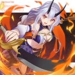  1girl artist_name bare_shoulders bikini bikini_top black_horns breasts character_name cleavage commentary_request copyright_name dark_hound_3 darkhound3 dual_wielding earrings english_text fate/grand_order fate_(series) fire hair_between_eyes highres holding holding_sword holding_weapon hoop_earrings horns jewelry long_hair looking_at_viewer medium_breasts navel oni_horns open_mouth red_eyes sarong silver_hair smile solo swimsuit sword tomoe_gozen_(fate/grand_order) tomoe_gozen_(swimsuit_saber)_(fate) weapon wide_sleeves 