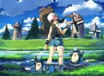  1girl baseball_cap black_vest black_wristband brown_hair cloud commentary_request day denim denim_shorts floating_hair gen_5_pokemon grass hand_up hat hilda_(pokemon) long_hair looking_back looking_down open_mouth outdoors palpitoad pokemon pokemon_(creature) pokemon_(game) pokemon_bw rowdon shorts sidelocks sky standing tongue tree vest water windmill wristband 