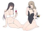  2girls ban!_(bansankan) bangle bangs bare_shoulders bikini black_gloves black_hair black_ribbon black_swimsuit blunt_bangs bracelet breasts brown_eyes cleavage covered_navel criss-cross_halter cup drinking_glass finger_in_mouth full_body girls_und_panzer gloves hair_between_eyes hair_over_shoulder hair_ribbon halterneck hime_cut holding holding_cup jewelry large_breasts long_hair looking_at_viewer low-tied_long_hair mature multiple_girls navel nishizumi_shiho removing_glove ribbon seiza shimada_chiyo simple_background sitting smile straight_hair swept_bangs swimsuit thighs underboob white_background white_bikini yokozuwari 
