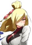  1girl blonde_hair blush breasts cleavage cleavage_cutout closed_mouth clothing_cutout commentary_request cynthia_(pokemon) eyelashes garchomp gen_4_pokemon grey_eyes grey_jacket hair_ornament hair_over_one_eye jacket long_hair mituyota_76 pokemon pokemon_(creature) pokemon_(game) pokemon_masters_ex tied_hair white_background 