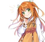  1girl bangs blush dress eyebrows_visible_through_hair green_eyes hair_ornament hanamaru_hareru hanayori_jyoshiryou highres long_hair long_sleeves orange_hair smile solo v virtual_youtuber white_background yumesaki_nana 