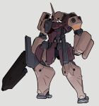  clenched_hand grey_background gundam highres holding holding_sword holding_weapon horns looking_down mecha mobile_suit_gundam moi_moi7 no_humans one-eyed single_horn solo sword weapon zaku zeon 