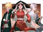  1girl 2boys behindxa black_hair blonde_hair blue_eyes boruto:_naruto_next_generations breasts closed_mouth commentary detached_sleeves grin highres hokage japanese_clothes katana kimono looking_at_viewer mitsuki_(naruto) multiple_boys naruto_(series) older one_eye_closed open_mouth red_eyes sash scar scar_across_eye sharingan sheath sheathed short_hair smile standing sword uchiha_sarada uzumaki_boruto weapon yellow_eyes 