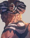  1boy abs balor_(tokyo_houkago_summoners) bara bare_chest beard black_hair blonde_hair bulge chest chest_hair cuffs facial_hair from_below looking_at_viewer male_focus manly multicolored_hair muscle navel navel_hair nipples one_eye_covered prison_clothes rybiokaoru scar short_hair solo thick_thighs thighs tokyo_houkago_summoners torn_clothes two-tone_hair 