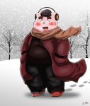  2015 anthro blush bottomwear clothing debudave_12 hi_res kemono male mammal outside overweight overweight_anthro overweight_male pants scarf snow solo sweater topwear winter 