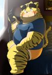  2015 absurd_res anthro bed belly blush cellphone clothing debudave_12 felid furniture hi_res inside kemono male mammal overweight overweight_anthro overweight_male pantherine phone shirt sitting smartphone solo tiger topwear underwear 