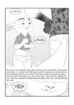  2020 akiric ambiguous_gender anthro border bottomwear canid canine cheek_tuft clothed clothing comic cutoffs denim denim_clothing disney duo english_text facial_tuft female furgonomics gloves_(marking) greyscale hand_on_hip hi_res judy_hopps lagomorph leporid licking licking_lips mammal markings midriff monochrome nick_wilde rabbit shirt shorts solo_focus standing tail_clothing text thought_bubble tied_shirt tongue tongue_out topwear tuft white_border zootopia 