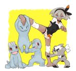  1girl bangs barefoot bea_(pokemon) black_bodysuit black_hairband bodysuit bodysuit_under_clothes bow_hairband collared_shirt commentary_request gen_1_pokemon gen_8_pokemon grey_eyes grey_hair gym_leader hair_between_eyes hairband hanging knee_pads kubfu leg_up legendary_pokemon machop mijumaru_(_seaotter3) pokemon pokemon_(creature) pokemon_(game) pokemon_swsh print_shirt print_shorts shirt short_hair short_sleeves shorts soles tied_shirt toes 