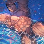  1boy abs bara bare_chest black_hair bulge chest chest_harness facial_hair halo harness jockstrap looking_at_viewer male_focus manly muscle navel navel_hair nipples partially_submerged rybiokaoru short_hair solo stubble thick_thighs thighs tokyo_houkago_summoners underwear yellow_eyes zabaniya_(tokyo_houkago_summoners) 