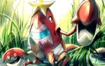  claws closed_mouth commentary_request crawdaunt day gen_3_pokemon highres looking_at_viewer no_humans outdoors pokemon pokemon_(creature) reeds rock rowdon standing wading water 